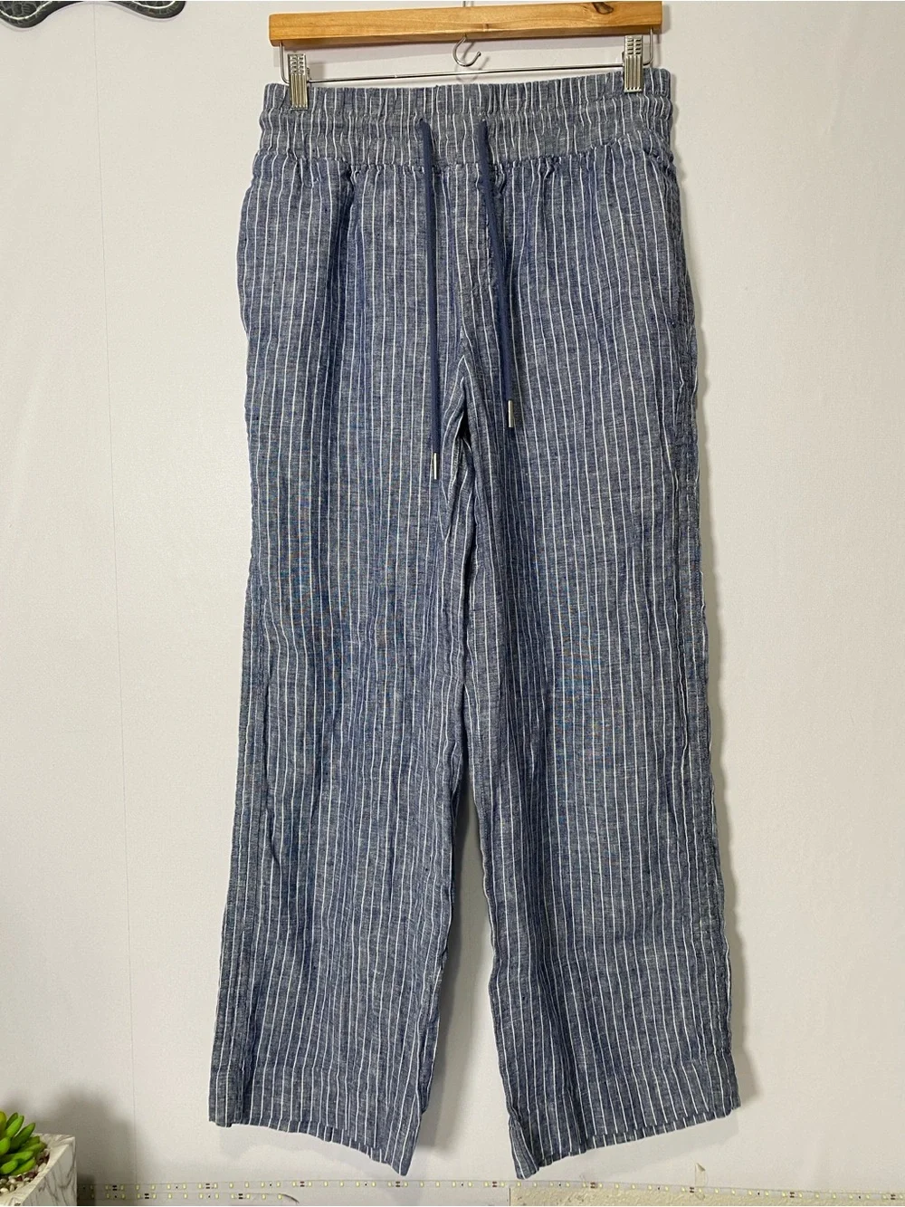 Quince 100% European Linen Wide Leg Pants Medium Chambray Stripe Blue